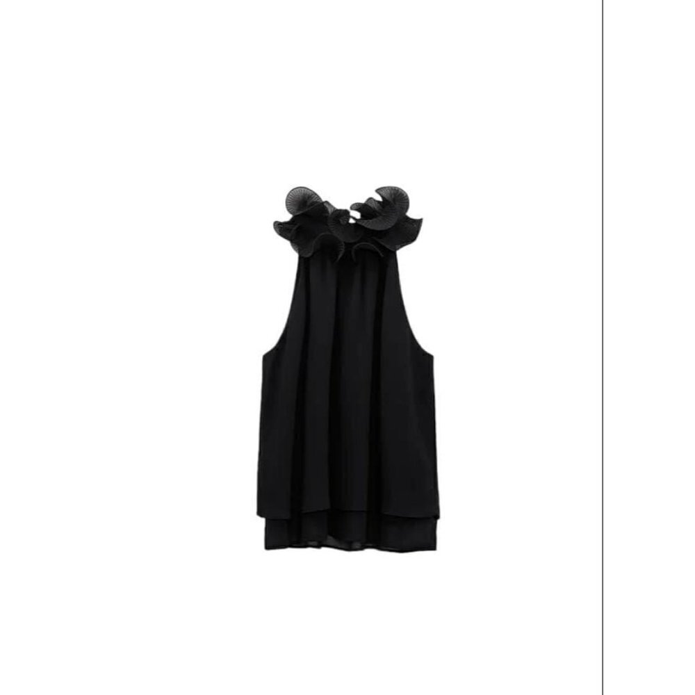 ZARA RUFFLED HIGH NECK TOP BLACK SIZE 2298/067